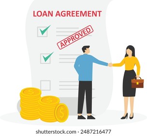 Businessman shaking hand with loan agreement and money bag. Loan agreement borrow money from bank, mortgage, debt or obligation to pay back interest rate, personal loan or financial support concept.

