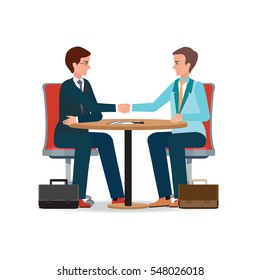 Businessman shaking hand over a round negotiations table for signed contract, Business handshake conceptual isolated on white background. character flat design vector illustration.