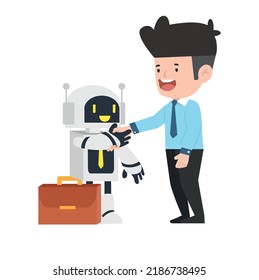 Geschäftsmann, der mit einem Roboter Hand schüttelt 
