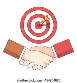 Businessman shaking hand under target aim with sticking dart. Business achievement and accomplishment concept. Modern flat style thin line vector illustration isolated on white background. 