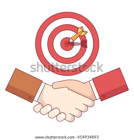 Businessman shaking hand under target aim with sticking dart. Business achievement and accomplishment concept. Modern flat style thin line vector illustration isolated on white background. 