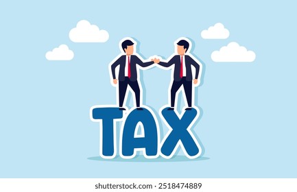 A businessman shaking hands with a business partner on top of the word TAX, illustrating an agreement to pay taxes at the agreed amount