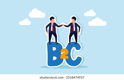 A businessman shaking hands with a business partner on top of the words B2C, illustrating an agreement to use services or products from a business