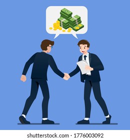 Businessman shaking hands. Business people making a deal about money investment concept with isometric coin and money dollar in bubble chat talk. Vector illustration in flat cartoon style.