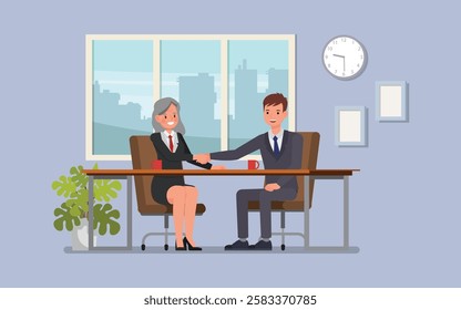 Businessman shaking hands with a client in a meeting room, both smiling character vector illustration design. 