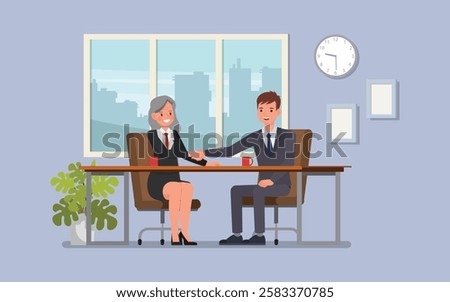 Businessman shaking hands with a client in a meeting room, both smiling character vector illustration design. 