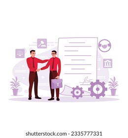 businessman shaking hands for the deal symbol with a fellow lawyer. Lawyers discuss with clients, consulting judges, legal advice, and strategic plans. Trend Modern vector flat illustration