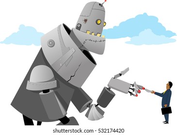 Businessman shaking hands with a giant robot, EPS 8 vector illustration, no transparencies 