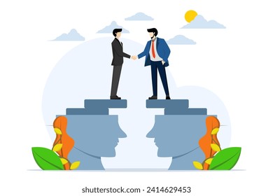 businessman shaking hands from head for deal, negotiation skills for leadership, psychology for dealing with people or collaboration for success concept, partner agreement or collaboration meeting.