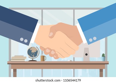 Businessman shaking hands on office room. Business successful agreement. vector illustration