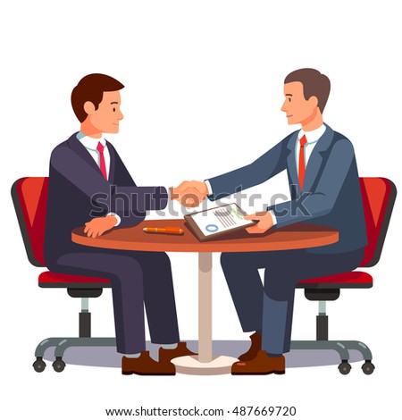 Businessman shaking hands on a signed contract. Business handshake over a round negotiations table. Modern flat style vector illustration isolated on white background.