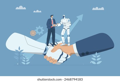 Businessman shaking hands with robot, AI, Collaboration of personnel with artificial intelligence, Concept of using modern technology and innovation, Business human and robot hands shake, Vector.