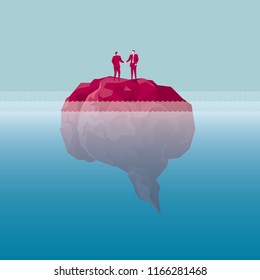 Businessman shaking hands standing on the island, island is in the shape of a brain.The sea is deep.