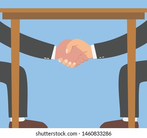 Businessman Shaking Hands Under The Table Isolated On Blue Background.vector Illustration.secret Deal Meeting Business Concept