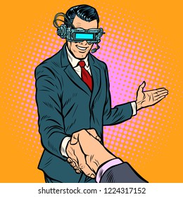 businessman shaking hands in virtual reality. Pop art retro vector illustration - Powered by Shutterstock - Get 15% off with code: PIKWIZARD15