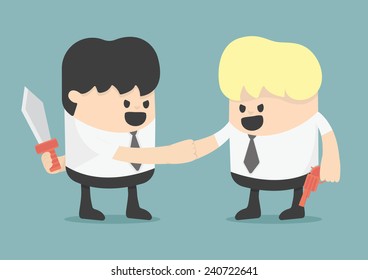 Businessman shaking hands  while holding weapon