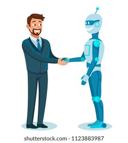 businessman shaking robot hand. Artificial intelligence. introduction of robots in production. cartoon vector illustration isolated on white background.