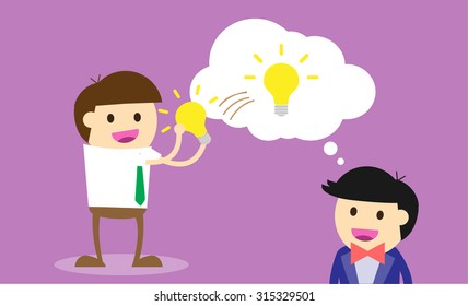 businessman Share Idea. cartoon flat design. Business plan concept. Vector illustration. two business man gray background. team teamwork. borrow Idea, steal ideas.Brainstorming. fix the problem