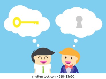 businessman Share Idea. cartoon flat design. Business plan concept. Vector illustration. two business man black background. team teamwork.Brainstorming. fix the problem. Key to success