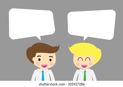 businessman Share Idea. cartoon flat design. Business plan concept. Vector illustration. two business man grey background. team teamwork.Brainstorming. fix the problem. speech bubble