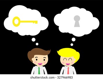 businessman Share Idea. cartoon flat design. Business plan concept. Vector illustration. two business man black background. team teamwork.Brainstorming. fix the problem. Key to success