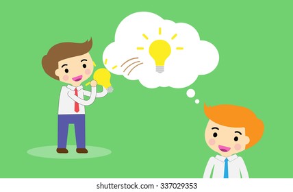 businessman Share Idea. cartoon flat design. Business plan concept. Vector illustration. two business man red background. team teamwork. borrow Idea, steal ideas.