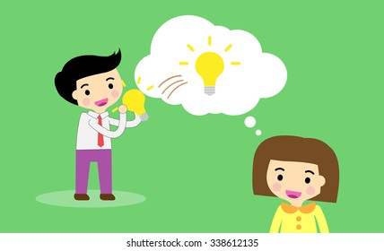 businessman Share Idea. cartoon flat design. Business plan concept. Vector illustration. two business man red background. team teamwork. borrow Idea, steal ideas.