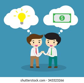 businessman Share Idea. cartoon flat design. Business plan concept. Vector illustration. two business man pink background. team teamwork.Brainstorming. fix the problem. Ideas Exchange money