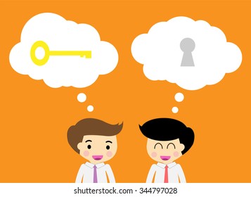 businessman Share Idea. cartoon flat design. Business plan concept. Vector illustration. two business man blue background. team teamwork.Brainstorming. fix the problem. key