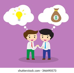 businessman Share Idea. cartoon flat design. Business plan concept. Vector illustration. two business man. team teamwork. Brainstorming. fix the problem. Key to success. Ideas Exchange money