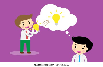 businessman Share Idea. cartoon flat design. Business plan concept. Vector illustration. two business man red background. team teamwork. borrow Idea, steal ideas.