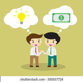 businessman Share Idea. cartoon flat design. Business plan concept. Vector illustration. two business man pink background. team teamwork.Brainstorming. fix the problem. speech bubble