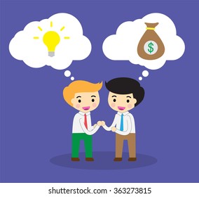 businessman Share Idea. cartoon flat design. Business plan concept. Vector illustration. two business man. team teamwork. Brainstorming. fix the problem. Key to success. Ideas Exchange money