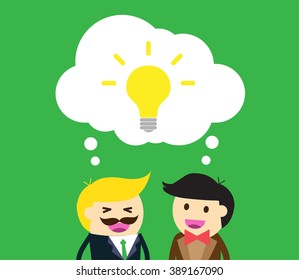 businessman Share Idea. cartoon flat design. Business plan concept. Vector illustration. two business man green background. team teamwork.Brainstorming. fix the problem.