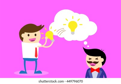 businessman Share Idea. cartoon flat design. Business plan concept. Vector illustration. two business man pink background. team teamwork.Brainstorming. fix the problem.