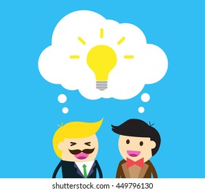 businessman Share Idea. cartoon flat design. Business plan concept. Vector illustration. two business man blue background. team teamwork.Brainstorming. fix the problem.