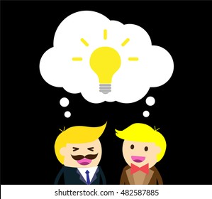 businessman Share Idea. cartoon flat design. Business plan concept. Vector illustration. two business man blue background. team teamwork.Brainstorming. fix the problem.