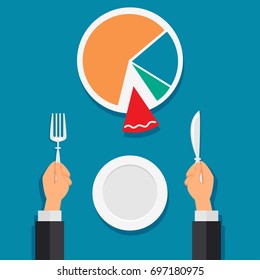 Businessman shareholder participate in profits by dividing diagram pie at business lunch