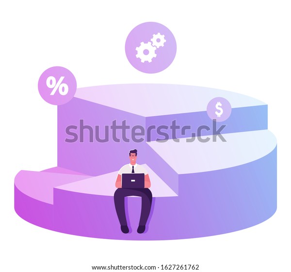 Businessman Shareholder Sitting on Top of\
his Portion of Pie Chart Working on Laptop. Diagram Depicts Profit\
Sharing, Successful Partnership, Company Shares Ownership. Cartoon\
Flat Vector\
Illustration