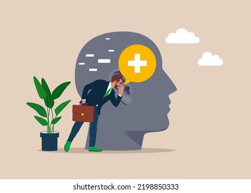 Businessman Sharing Positive Thinking Symbol To Depressed Employee. Positive Thinking Business. Vector Illustration.