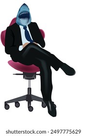 Businessman with shark head sitting on office chair