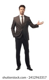 Businessman in a sharp suit, extending a welcoming hand