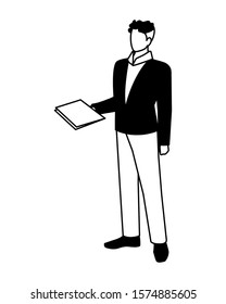 businessman with sheet of paper in hand on white background vector illustration design