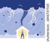 The businessman is sheltered from natural disasters. The man is staying in the house during the storm. Vector illustration.