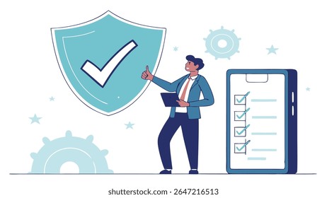 Empresário com marca de verificação de escudo e lista de verificação concluída, simbolizando garantia de qualidade, segurança e conformidade bem-sucedida de negócios.