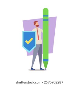 Businessman with shield and huge pen vector illustration. Man signing documents with special pen, protecting his signature. Business, agreement, e-signature concept