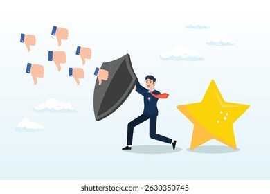 Businessman shield protect star reputation form thumb down feedback, protect brand reputation, trust or manage negative customer review, feedback or engagement, marketing solution, strategy concept