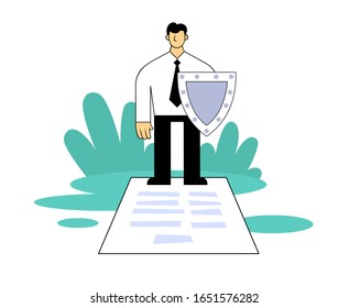 Businessman with a shield protecting big paper document. Cartoon flat vector illustration. Isolated on white background.