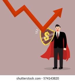 Businessman with shield protecting from graph down. Business concept