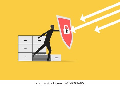 Guardar Hombre de negocios con documentos de escudo. concepto de seguridad de datos de negocios., proteger archivos en línea, servidor de almacenamiento de datos de tecnología